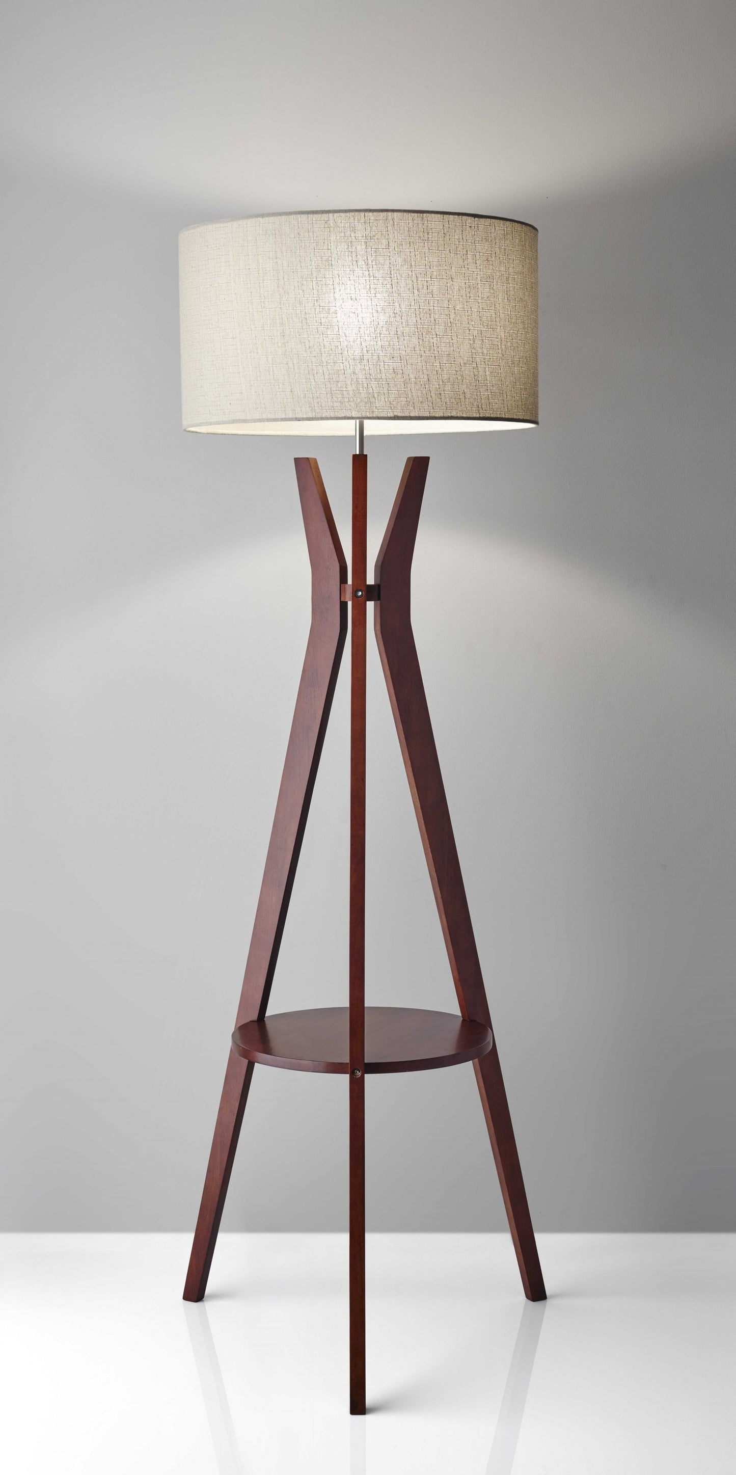 SageStand 68" Walnut Tripod Floor Lamp with Shelf and Linen Shade