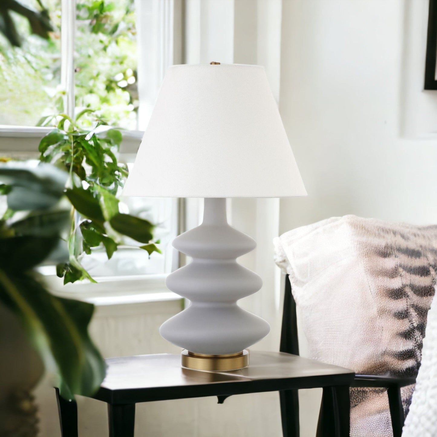 The Aurelia Lamp – 26” Gray & Gold Gourd with Empire Shade