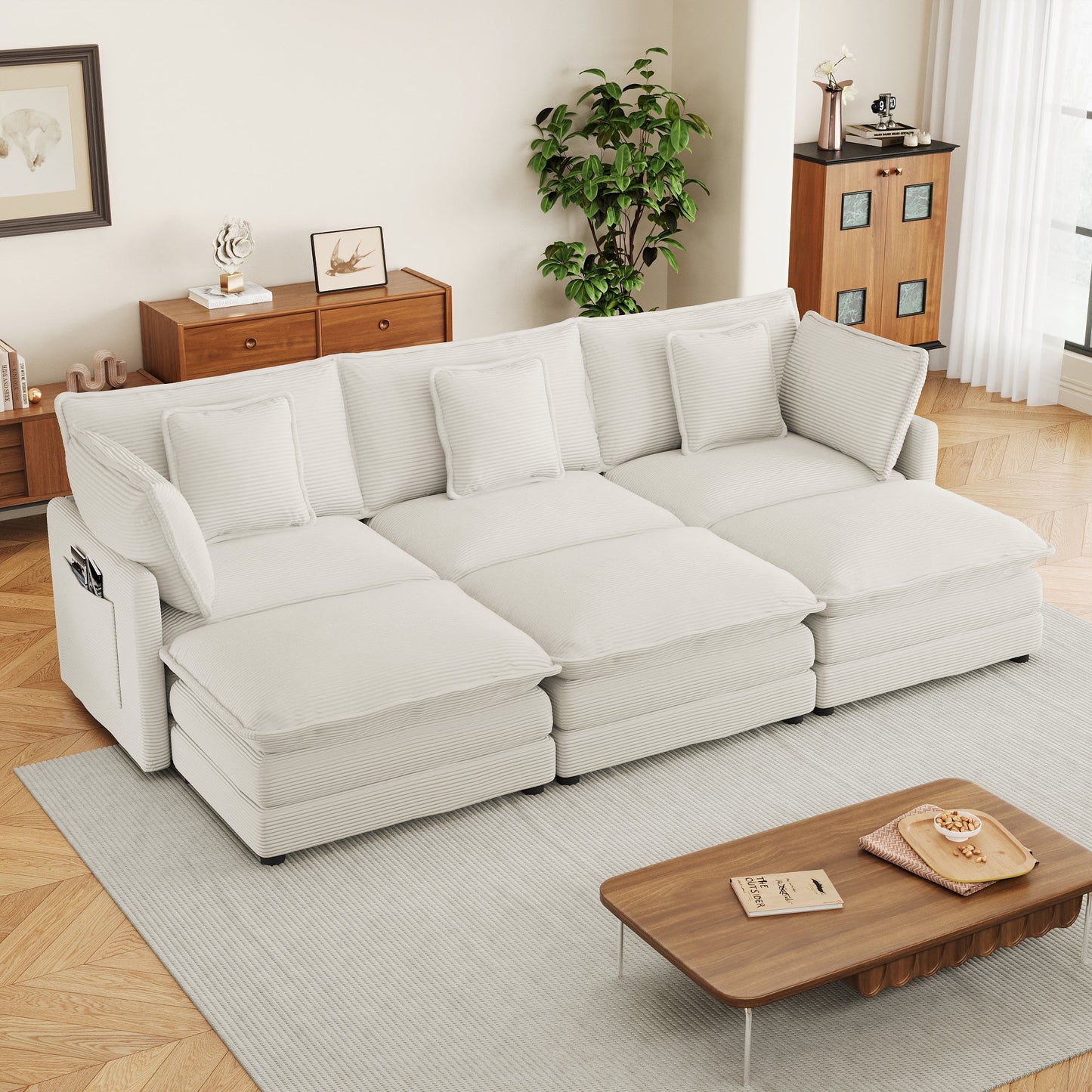 Beige Corduroy Modular 6-Seater Sectional Sofa with Ottomans