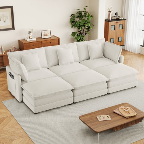 Beige Corduroy Modular 6-Seater Sectional Sofa with Ottomans