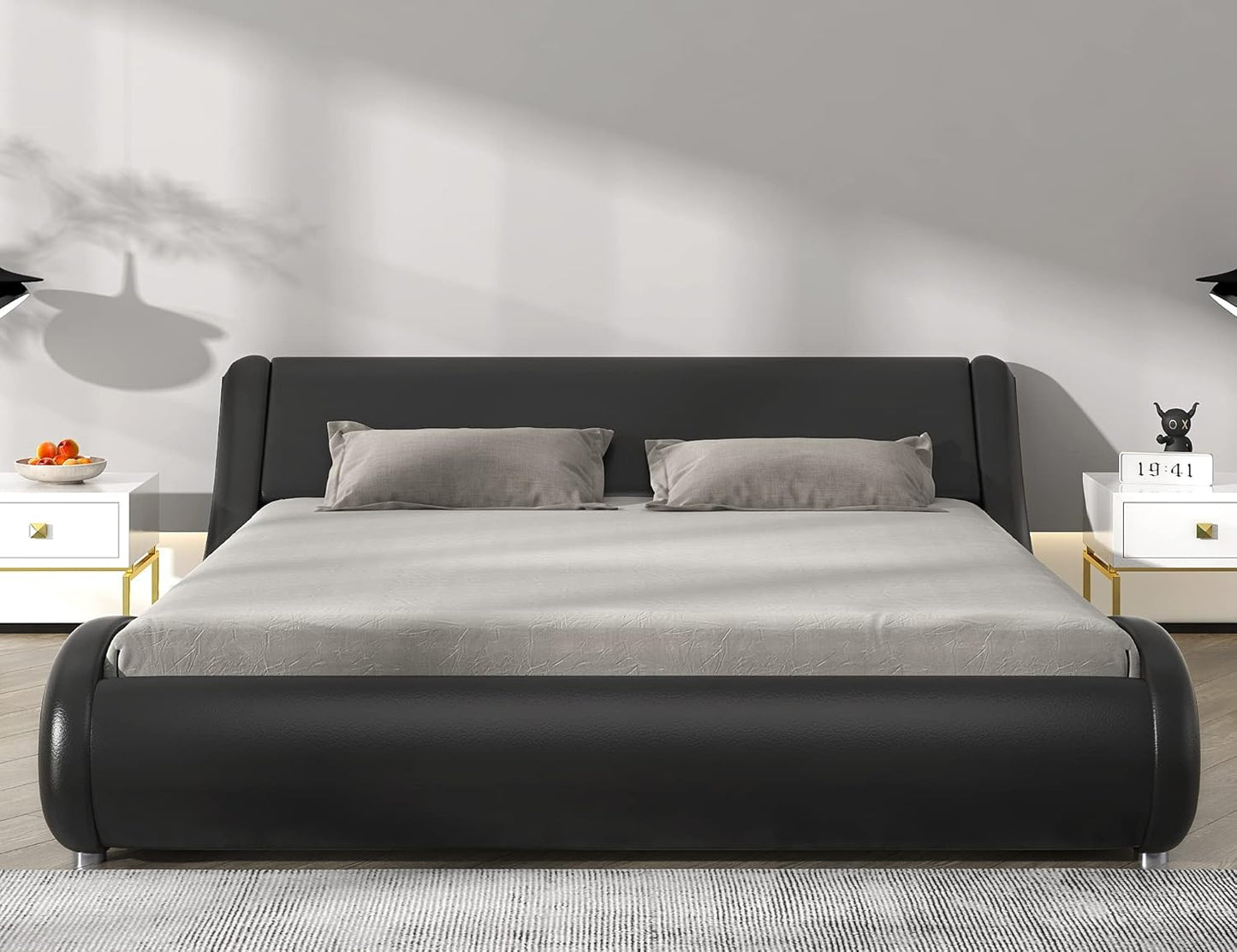 Modern Black Faux Leather Platform Bed Frame (Queen)