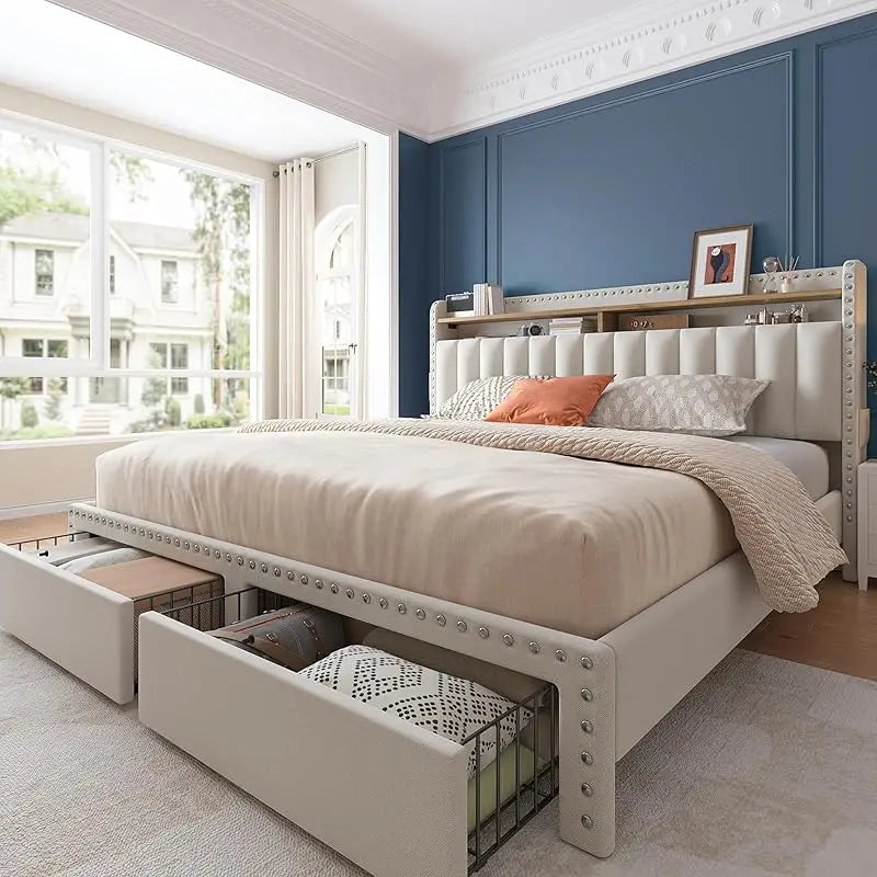 EnHomee Upholstered Bed Frame in Elegant Beige