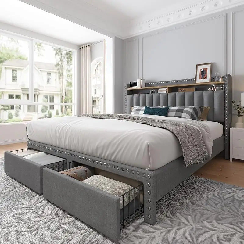EnHomee Upholstered Bed Frame in Elegant Beige