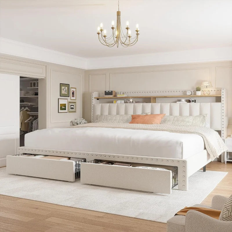 EnHomee Upholstered Bed Frame in Elegant Beige