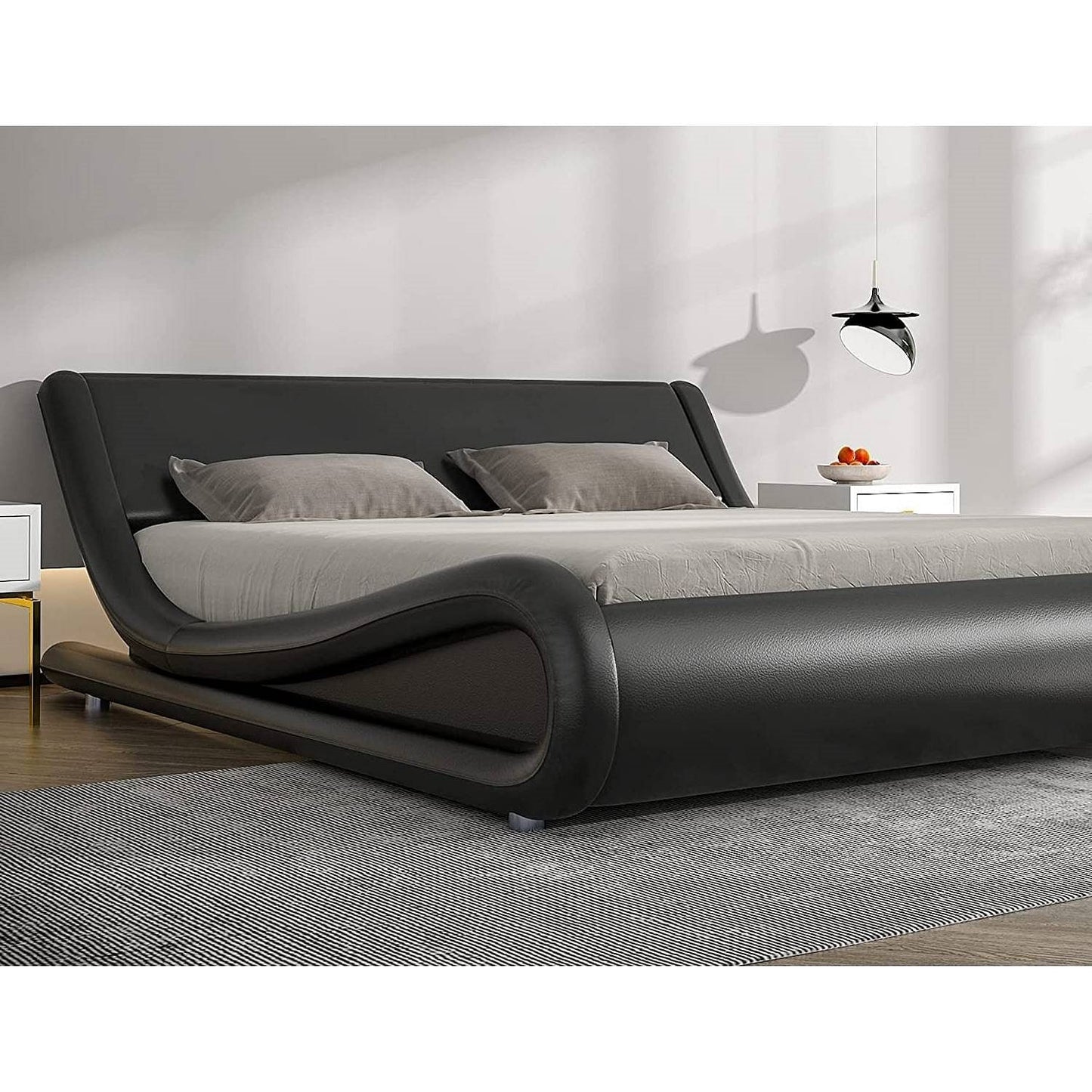 Modern Black Faux Leather Platform Bed Frame (Queen)
