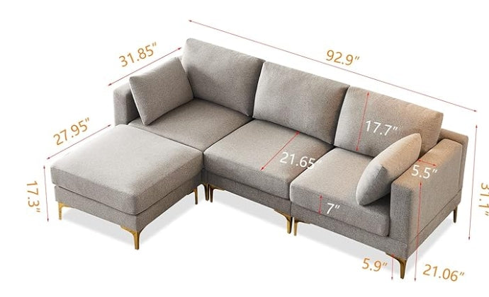 93" Grey L-Shaped Sectional Sofa with Ottoman & Gold Metal Legs