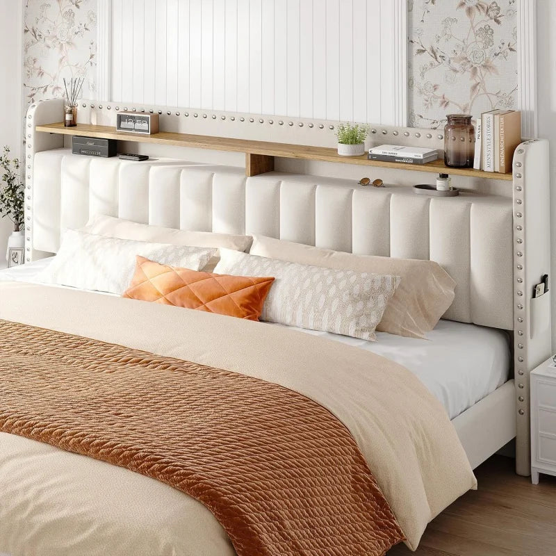 EnHomee Upholstered Bed Frame in Elegant Beige
