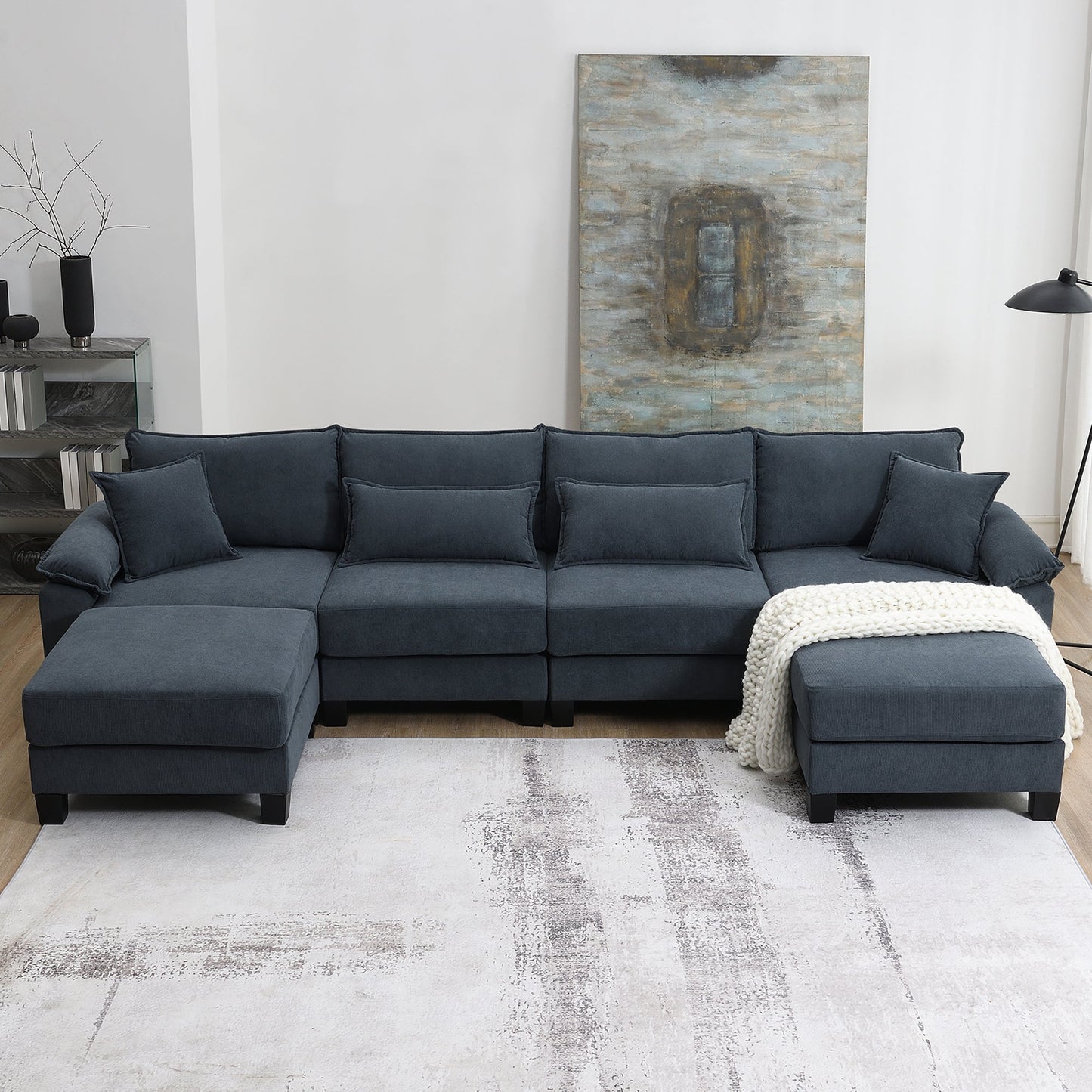 133" Grey Corduroy Modular Sectional Sofa with Ottoman & Pillows