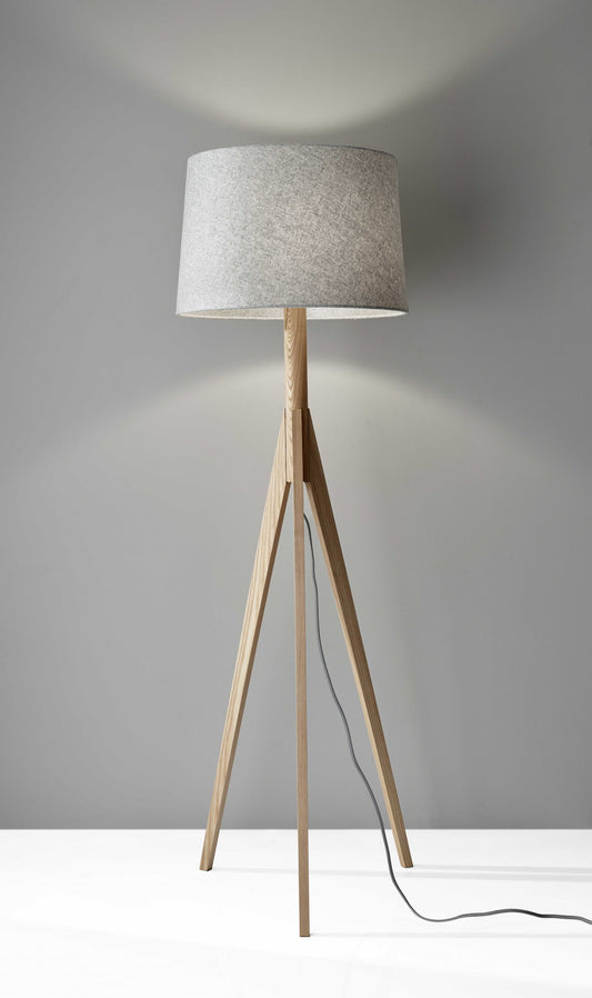 GrainGlow 60" Ash Wood Tripod Floor Lamp with Grey Felt Shade