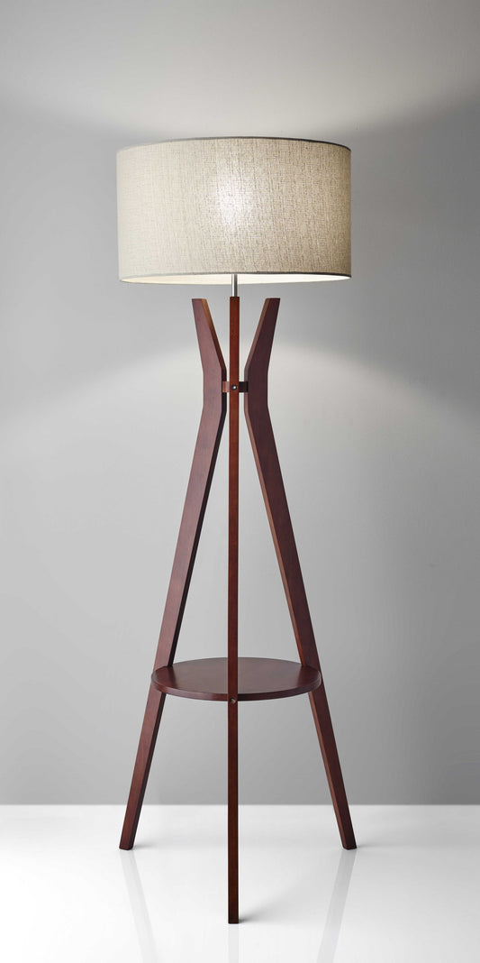 SageStand 68" Walnut Tripod Floor Lamp with Shelf and Linen Shade