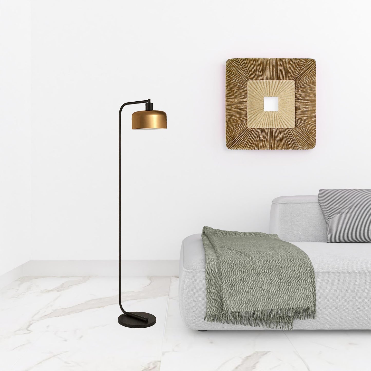 ArcBell 57" Black Arched Floor Lamp with Brass Bell Shade