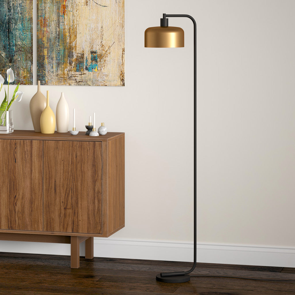 ArcBell 57" Black Arched Floor Lamp with Brass Bell Shade