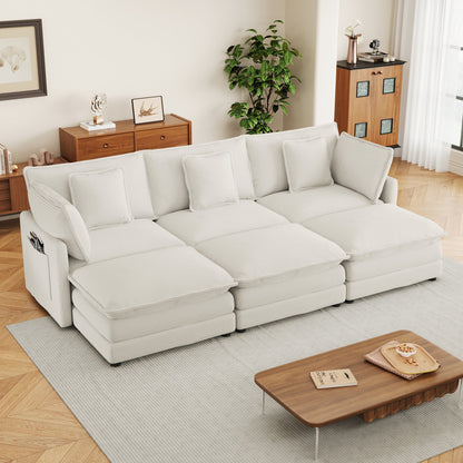 Beige Corduroy Modular 6-Seater Sectional Sofa with Ottomans