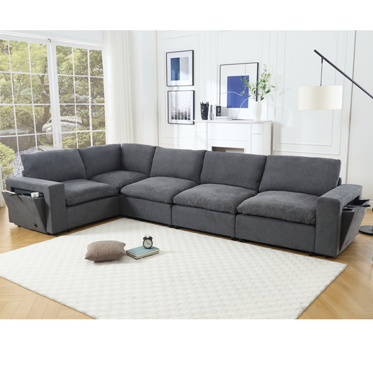 141.5" Gray Modular Sectional Sofa with Wireless Charging, Cup Holders & Hidden Storage