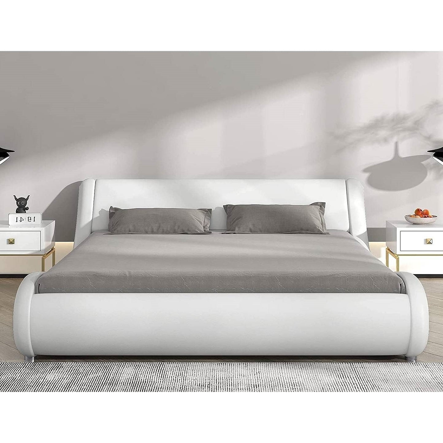 Modern White Faux Leather Platform Bed Frame (Queen)