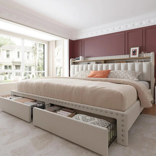 EnHomee Upholstered Bed Frame in Elegant Beige