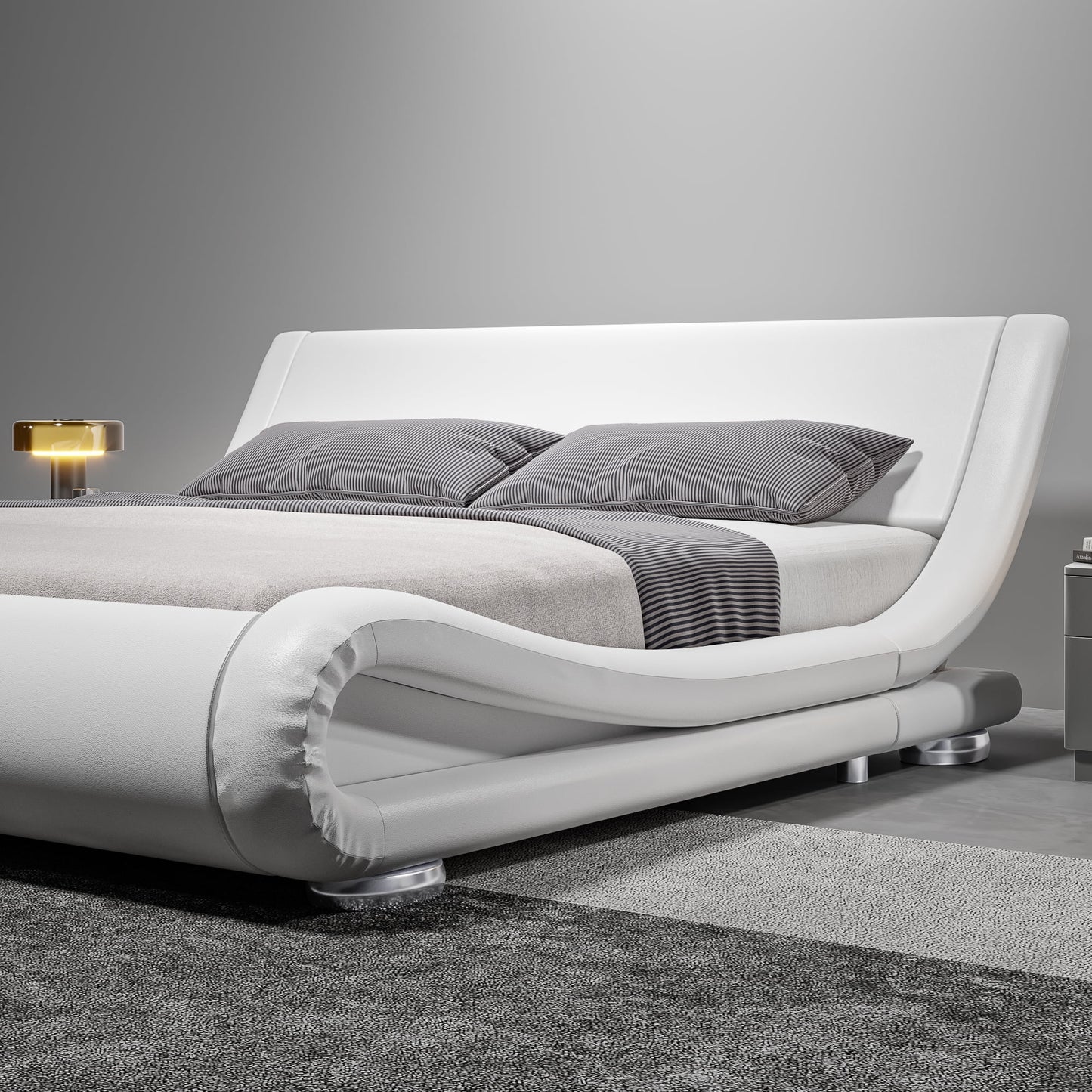 Modern White Faux Leather Platform Bed Frame (Queen)