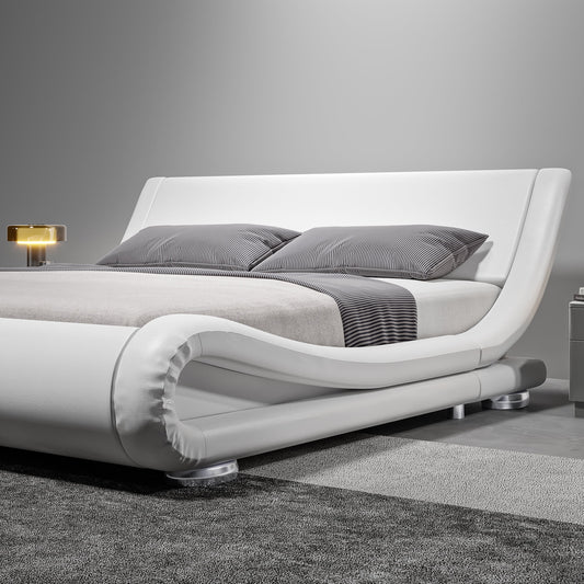 Modern White Faux Leather Platform Bed Frame (Queen)