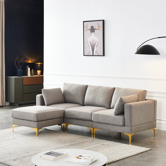 93" Grey L-Shaped Sectional Sofa with Ottoman & Gold Metal Legs