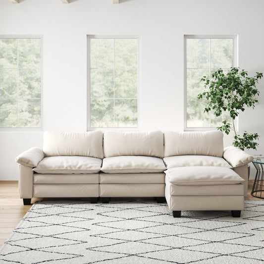 117.7" Beige Velvet L-Shaped Sectional Sofa with Ottoman